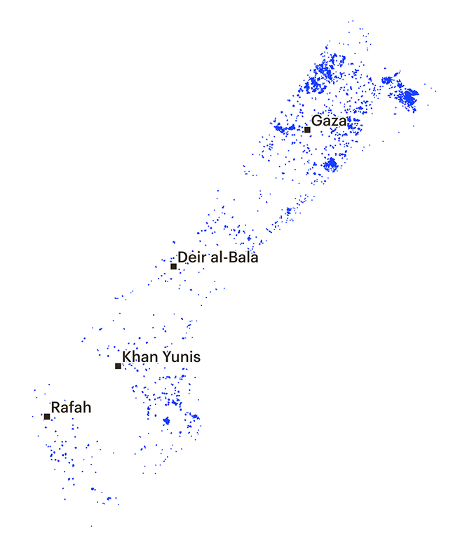 Gazan, Israelgo armadak suntsitutako eraikinen mapa