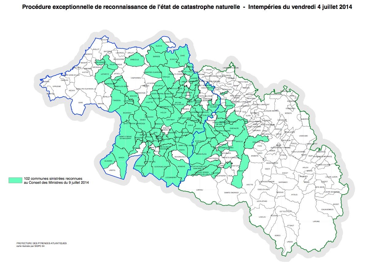 Ipar Euskal Herrian hondamendi eremu izendatuko dituzten udalerriak, berdez margotuta. Horietako bi, Xarra eta Landa, ez dira Euskal Herrikoak. PIRINIO ATLANTIKOETAKO PREFETURA