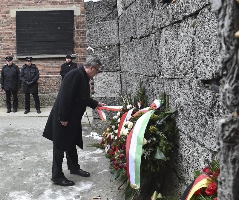 Bronislaw Komorowski Poloniako presidentea, lore eskaintza egiten, Auschwitzen. JACEK BEDNARCZYK / EFE