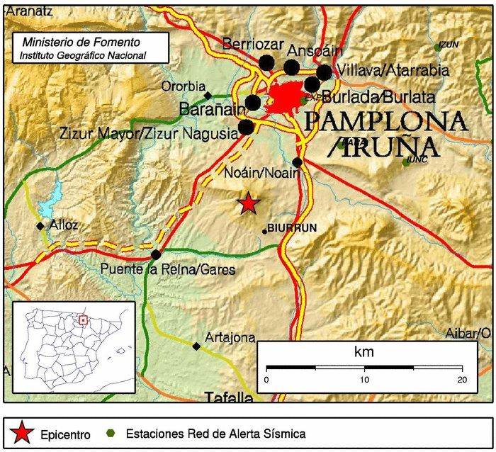 Biurrunen epizentroa izandako lurrikara izan da azken orduetako handiena. ESPAINIAKO GEOGRAFIA INSTITUTUA