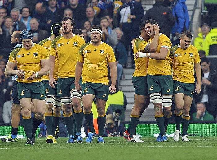 Australiako jokalariak entsegua ospatzen Argentinaren aurkako partidan. GERRY PENNY / EFE