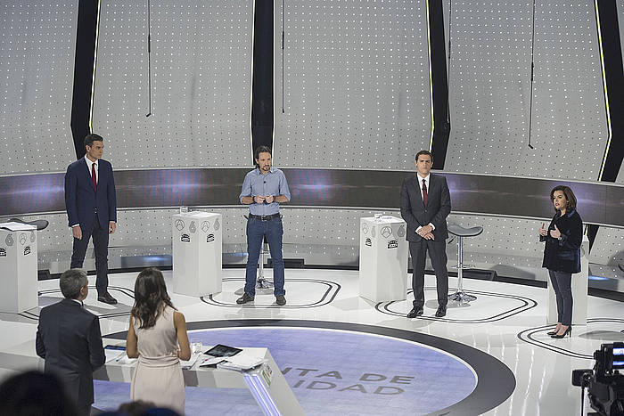 Pedro Sanchez, Pablo Iglesias, Albert Rivera eta Soraya Saenz de Santamaria. BALLESTEROS / EFE