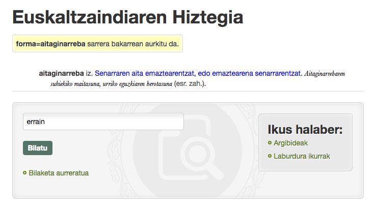 'Aitaginarreba' hitzaren definizioa orain, Euskaltzaindiaren Hiztegian.