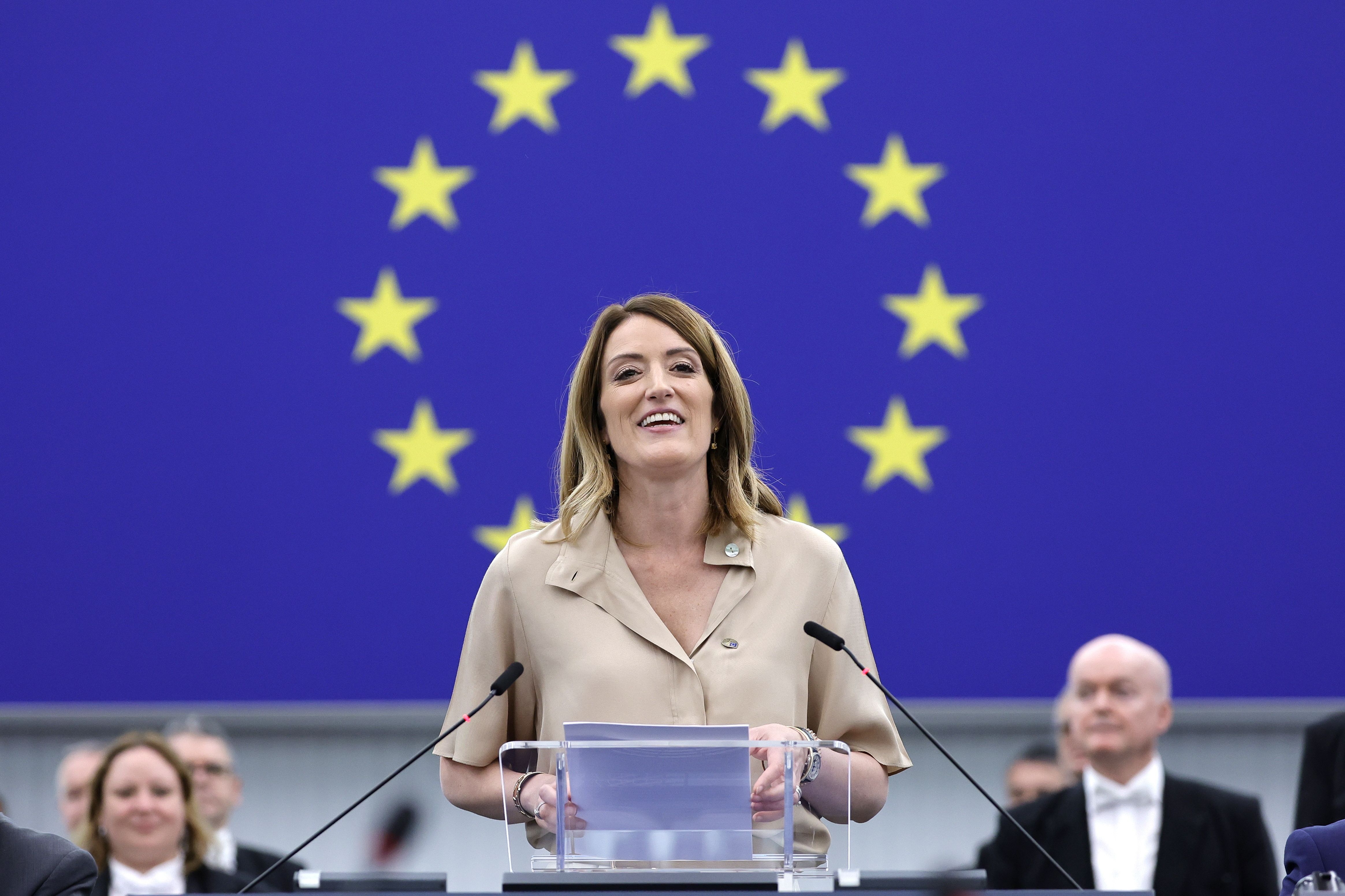 Roberta Metsola kontserbadorea, Europako Parlamentuko presidente izendatua izan ondoren, gaur, Estrasburgon. RONALD WITTEK / EFE
