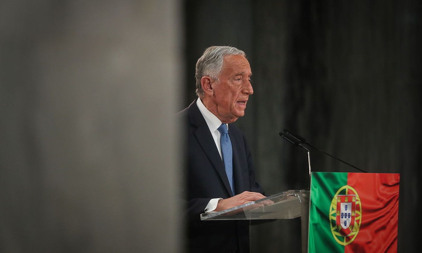 Marcelo Rebelo de Sousa Portugalgo presidentea, emaitzak jakin osteko agerraldian, igandean. MARIO CRUZ / EFE.