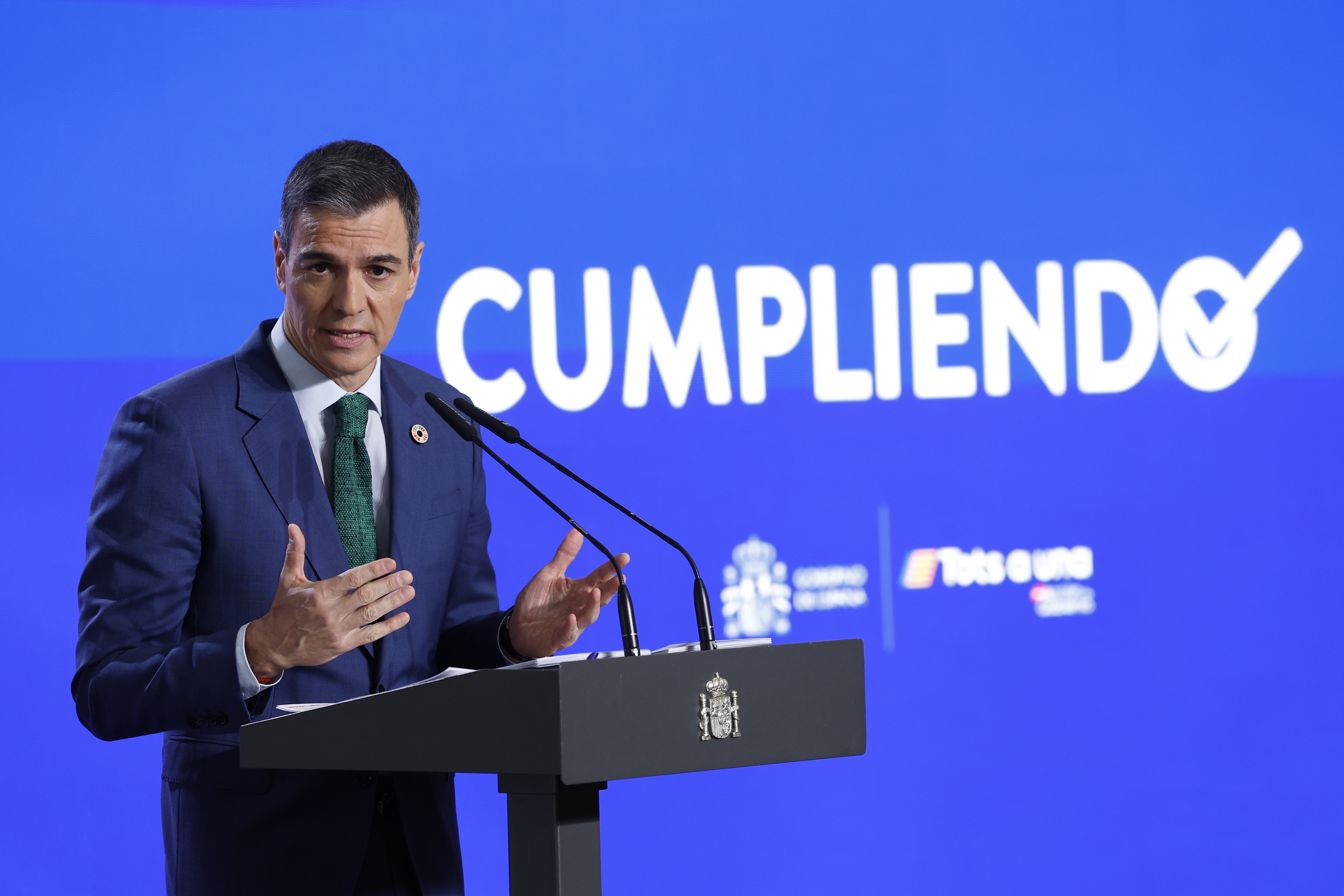 Pedro Sanchez, Espainiako Gobernuko presidentea, Ministroen Kontseilu osteko agerraldian, gaur eguerdian. CHEMA MOYA / EFE