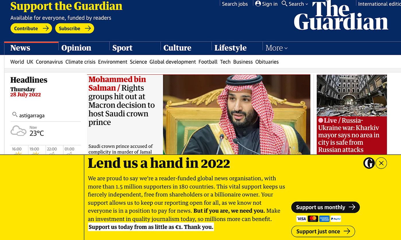 The Guardian-en artikulu guztiak zabalik daude webean, baina egunkariak dirua eskatzen die irakurleei. BERRIA.