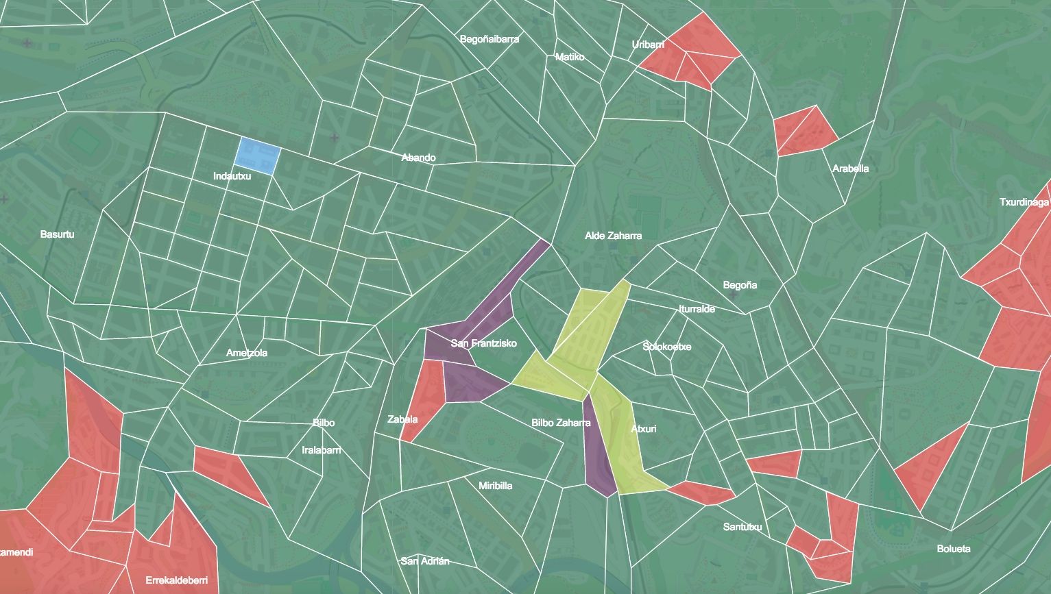 Iruñeko hauteskunde atalen mapa, Espainiako bozetan alderdi bozkatuena izan den alderdiaren arabera koloreztatuta.